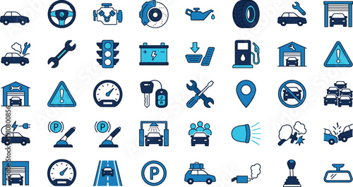 Automotive icon set, car maintenance, driving symbols, vehicle tools, transportation concept, road safety, mechanic graphic, dashboard elements, engine parts, auto service