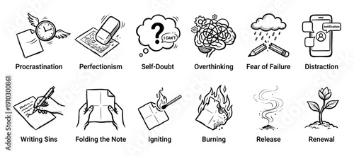 Set of twelve hand-drawn icons illustrating concepts of procrastination, perfectionism, self-doubt, and the process of release and renewal for personal growth and self-improvement