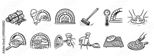 Hand-drawn icon set illustrating the traditional pizza and bread making process with a wood-fired oven, showing a baker kneading dough, using a peel, and slicing the final product