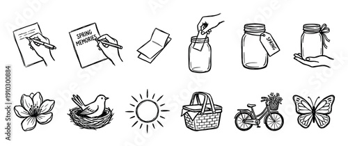 Set of hand-drawn spring memory icons featuring a journal, memory jar, picnic basket, bicycle, and nature elements in a charming black and white doodle style illustration