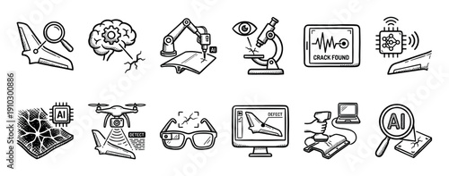 Hand-drawn icon set illustrating defect detection technology with AI, drones, robotics, and sensors for quality control inspection, presented in a black and white sketch doodle style