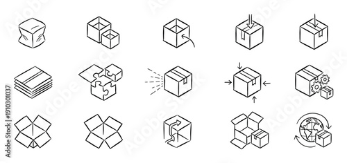 Hand-drawn packaging and delivery icon set in a minimalist sketch style, illustrating various logistics concepts like shipping, returns, global distribution, and box handling for e-commerce