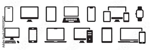 This image displays a collection of black and white icons representing various electronic devices. Arranged in two rows, the minimalist illustrations feature smartphones, tablets, laptops