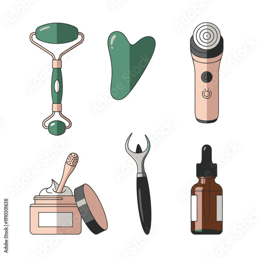 Beauty tools and skincare products collection for facial massage routine