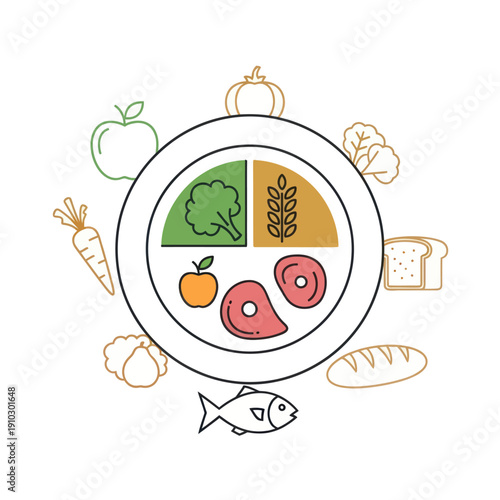 Balanced diet food plate illustration with various ingredients