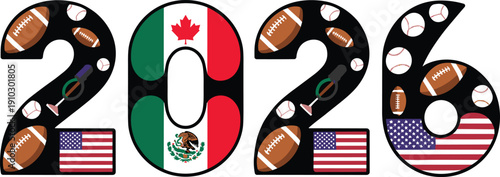 2026 Year Numbers with Sports Balls and Flags, Stock Media
