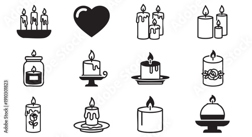 Collection of Various Black and White Candle Icons Representing Light and Warmth
