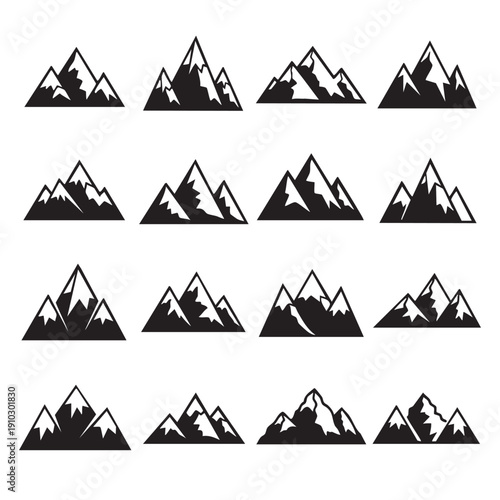 Collection of Mountain Icons Vector Designs in Black and White Style