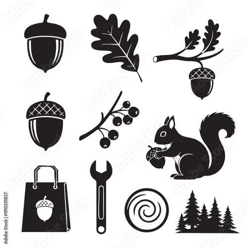 Collection of vector illustrations featuring acorns squirrel trees wrench and berries