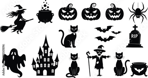 Halloween silhouette icon set featuring witch, haunted house, ghost, black cat, jack o lantern pumpkins, bats, and spooky graveyard elements, cad drawing flat vector illustration.
