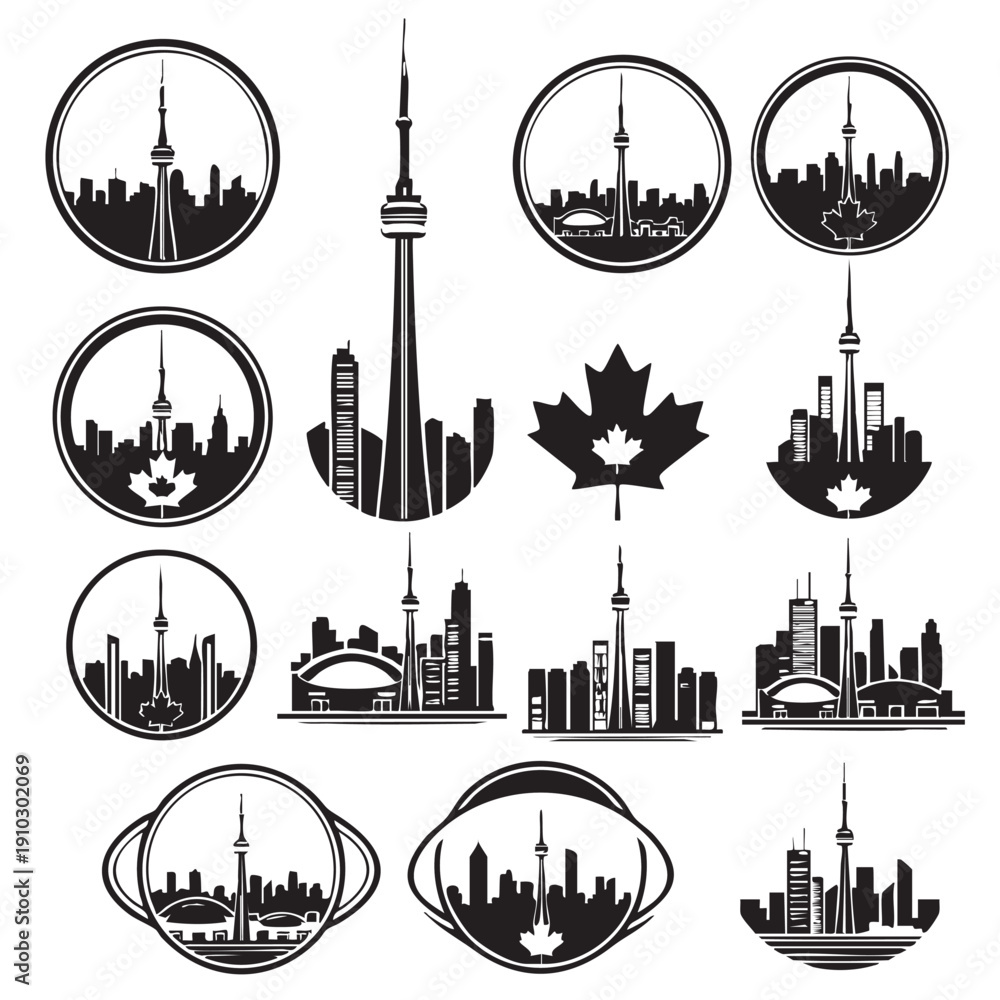 Fototapeta premium Set of Toronto Skyline Silhouettes with Maple Leaf Symbol Vector Illustration