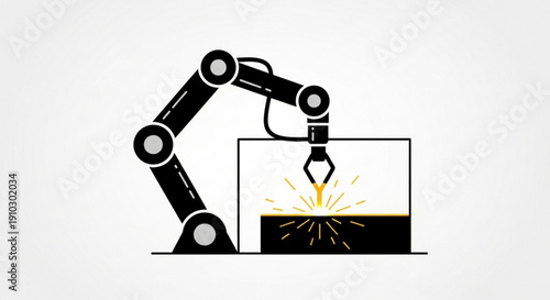 Industrial robotic arm welding metal with sparks on a white background