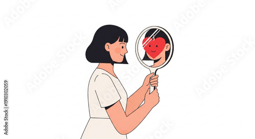 Minimalist Self Love Woman Smiling at Heart Shaped Reflection in Mirror Flat Vector Illustration