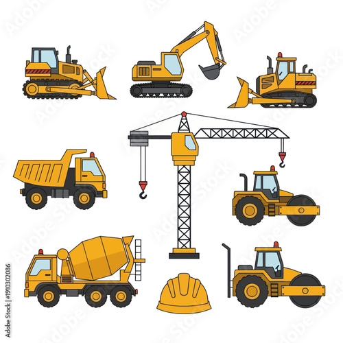 Collection of yellow construction heavy equipment and safety helmet