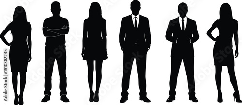 Professional Business Team Silhouettes Standing in Row Diverse Group of Corporate People in Suits and Casual Wear for Office Concept
