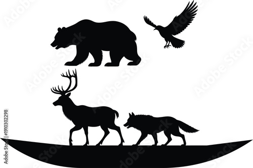 Silhouette of wild forest animals including bear bird deer and wolf walking on a curved horizon line for nature design.