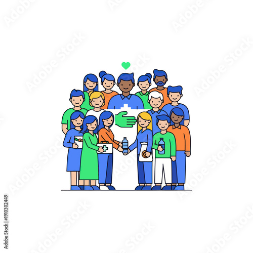 Diverse people providing community aid with supplies and support