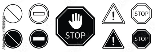 Set of stop street icons. Collection including red stop signs, hand stop symbols, text-based road signs, traffic safety, urban design elements.