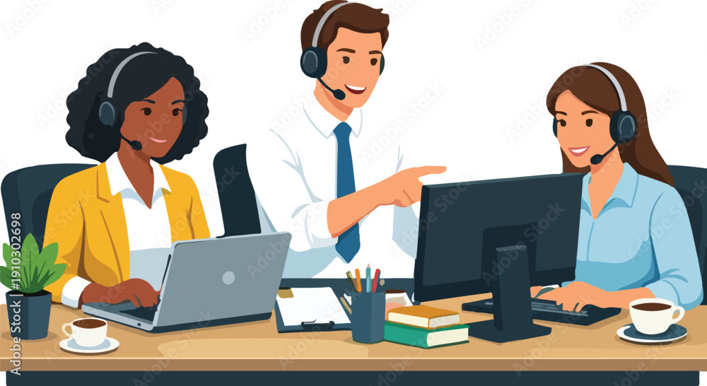 Obraz premium Business Customer Service Team Flat Vector Illustration featuring Diverse Support Agents with Headsets and Digital Communication Symbols for Corporate Help Desk and Global Assistance Design