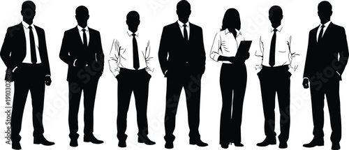 Professional business team silhouettes standing together in formal suits representing corporate leadership, diversity, office workforce, and successful partnership collaboration.