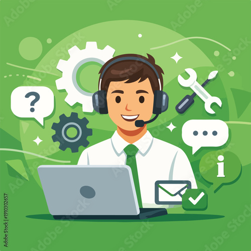 Technical Support Service Flat Vector Illustration featuring IT Specialist Troubleshooting Expert Assistance and Computer Repair Symbols for Digital Technology Help Desk Design