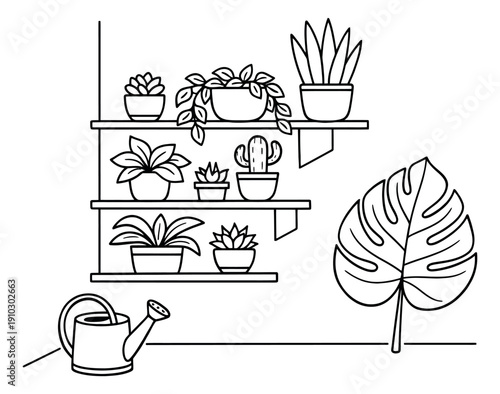 Hand drawn houseplant set featuring potted succulents, a cactus, and a watering can for home decoration