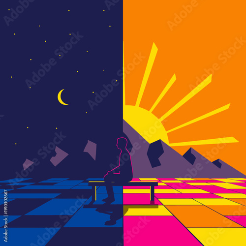A contemplative individual sits on a bench, visually representing the profound duality and transition between the calm stillness of night and the bright energy of daylight.