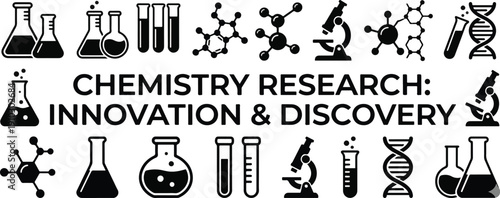 Chemistry Research 2026 Minimalist Horizontal Banner Design Featuring Black Silhouette Laboratory Icons of Microscopes, Molecules, and Flasks with "Innovation & Discovery" Typography on White