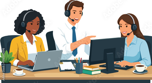 Business Customer Service Team Flat Vector Illustration featuring Diverse Support Agents with Headsets and Digital Communication Symbols for Corporate Help Desk and Global Assistance Design
