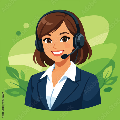 Online Call Center Service Green Background Flat Illustration featuring Customer Support Agent with Headset and Digital Connectivity Icons for Eco-Friendly Business Assistance Design