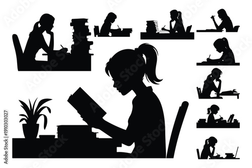 Silhouettes of people reading and studying at desks