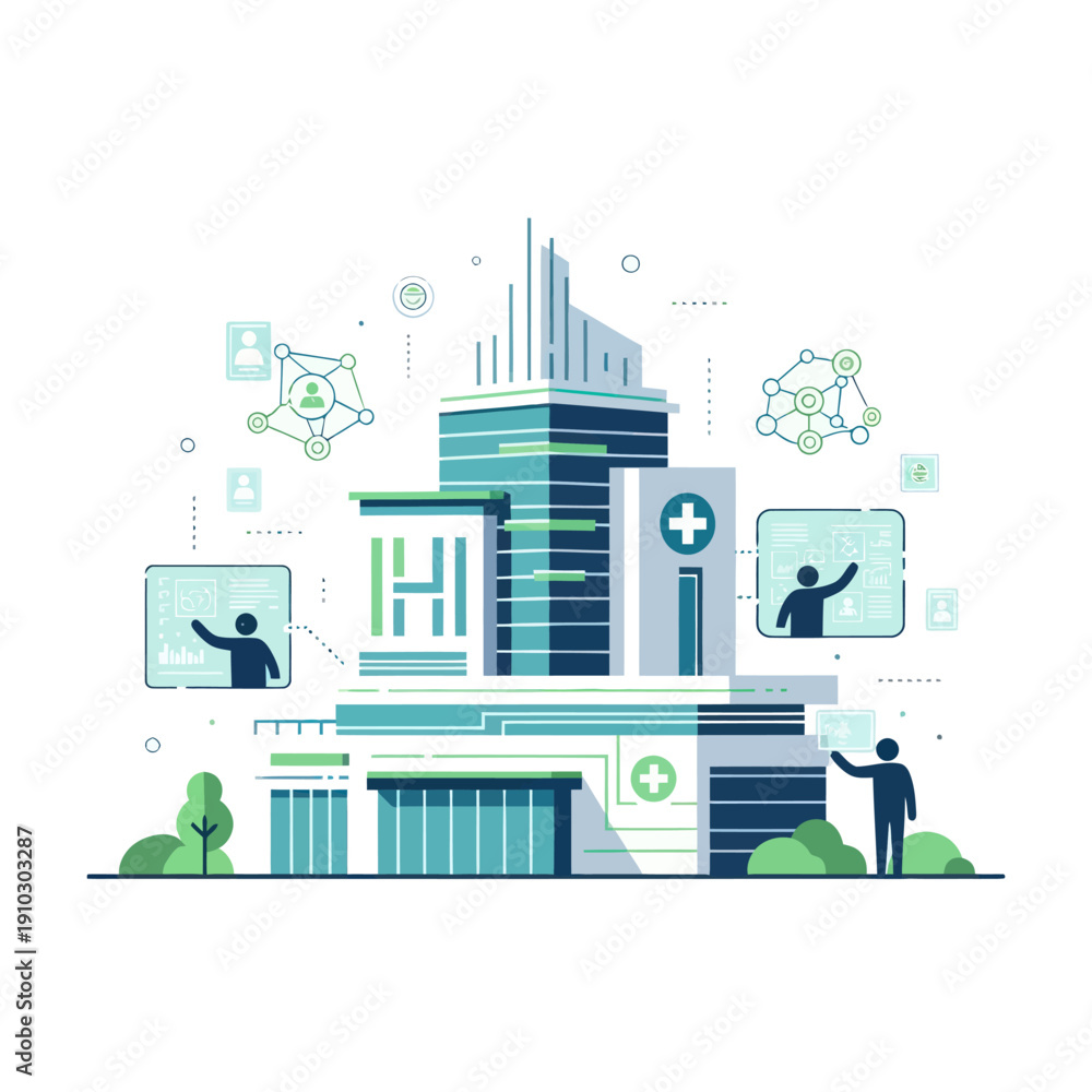 custom made wallpaper toronto digitalModern hospital building with digital healthcare network and data interfaces