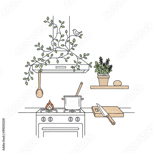 Wallpaper Mural Line art kitchen illustration with stove, herbs, and bird Torontodigital.ca