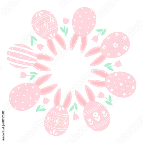 Round Easter wreath of  eggs with rabbit ears and spring flowers. Festive floral frame for holiday greetings