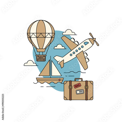 Wallpaper Mural Minimalist travel icons with hot air balloon, airplane, boat, luggage Torontodigital.ca