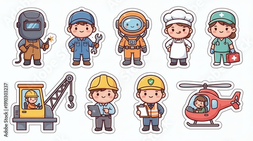 Cartoon Character Set Diverse Blue Collar Occupations on White Background
