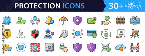 Collection of protection icons representing security and safety concepts in a digital format