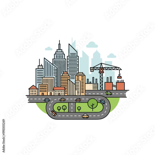 Wallpaper Mural Modern city skyline with buildings, roads, traffic, and construction crane Torontodigital.ca