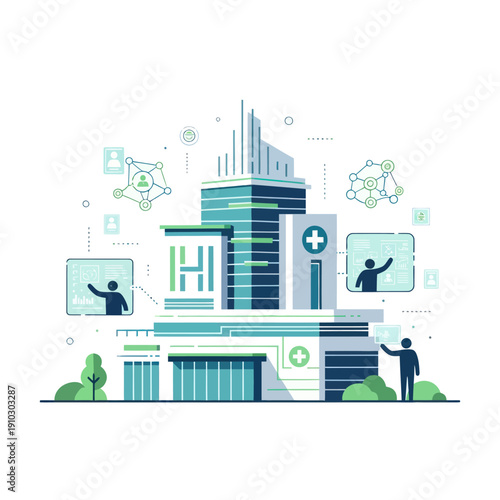 Wallpaper Mural Modern hospital building with digital healthcare network and data interfaces Torontodigital.ca