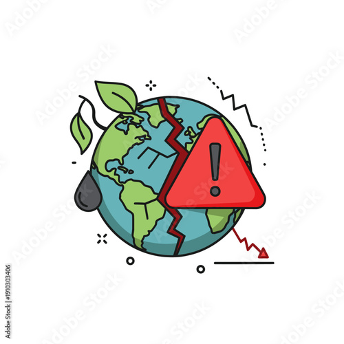 Planet Earth cracking with environmental warning and pollution symbols