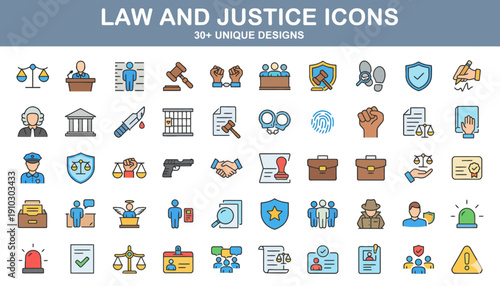 Collection of law and justice icons showcasing various legal concepts and symbols in a simple, modern design style