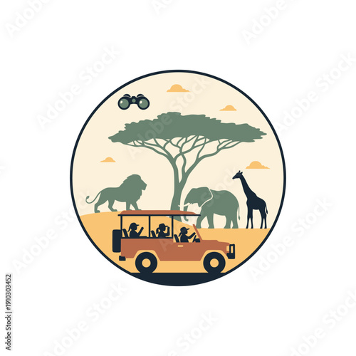 Safari jeep with tourists viewing wildlife under an acacia tree