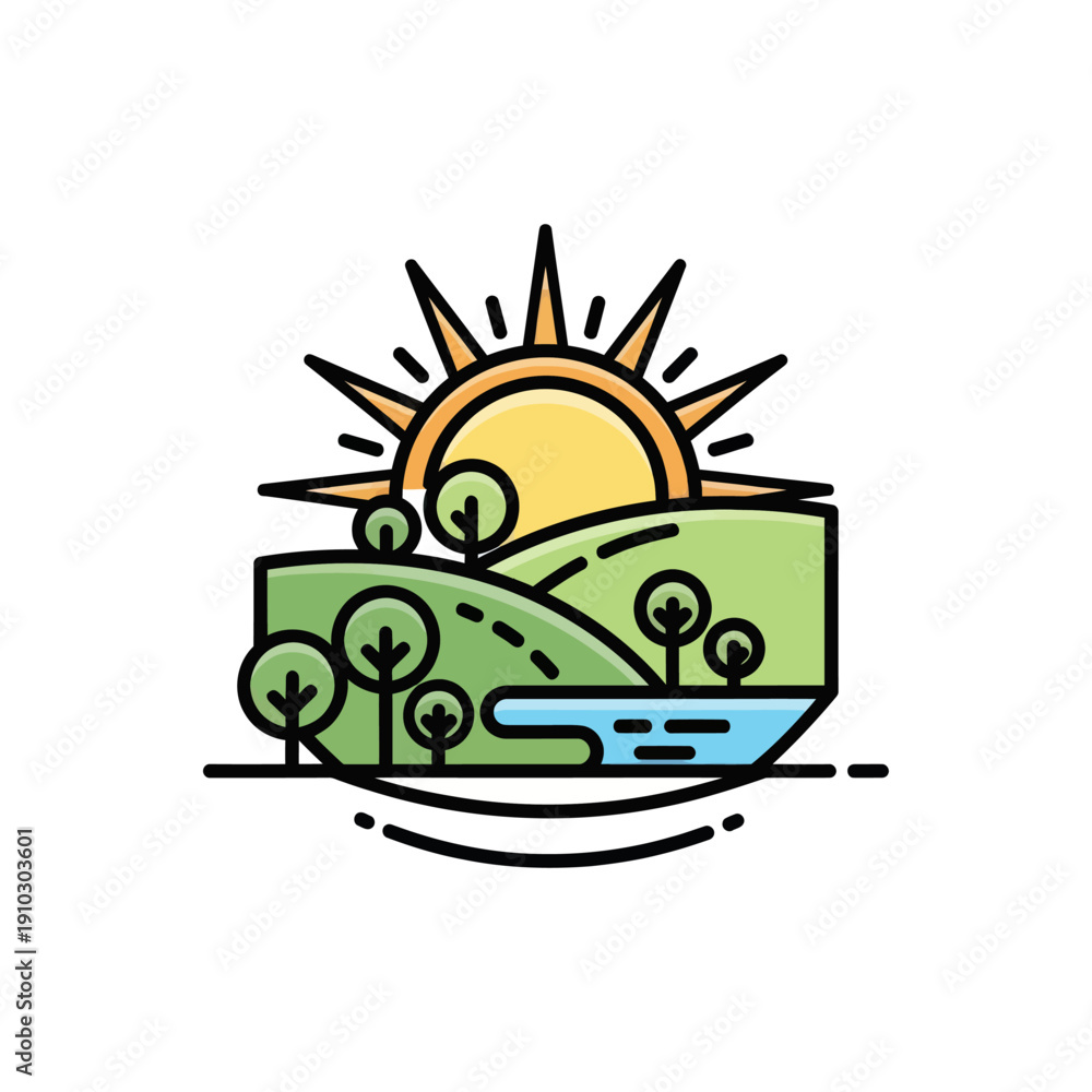 custom made wallpaper toronto digitalSimple natural landscape with hills, trees, river, and rising sun