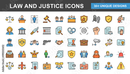 Collection of law and justice icons representing various legal concepts and symbols in a simple design