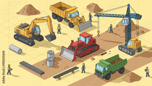 Isometric illustration of a construction site featuring various heavy machinery and workers.