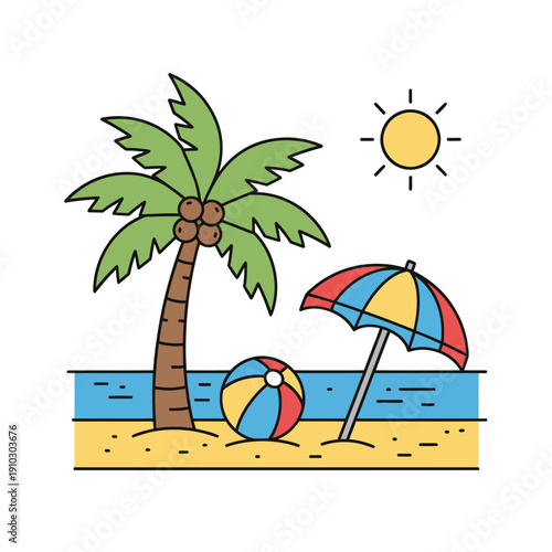 Wallpaper Mural Summer beach scene illustration with palm tree and umbrella Torontodigital.ca