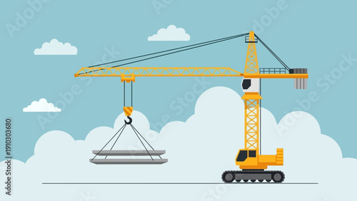 A yellow construction crane lifting heavy metal beams against a blue sky with clouds.