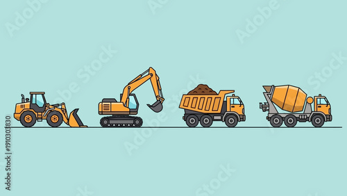 Illustration of construction vehicles including a bulldozer, excavator, dump truck, and concrete mixer.