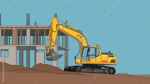 A yellow excavator digging earth near a building under construction on a sunny day.