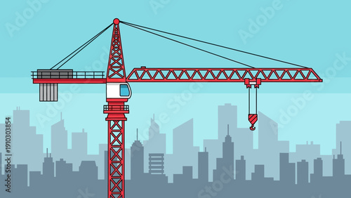 A vibrant illustration of a red construction crane against a city skyline backdrop.